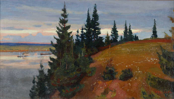 Рылов Аркадий Александрович. Вечерний пейзаж с рекой и елями